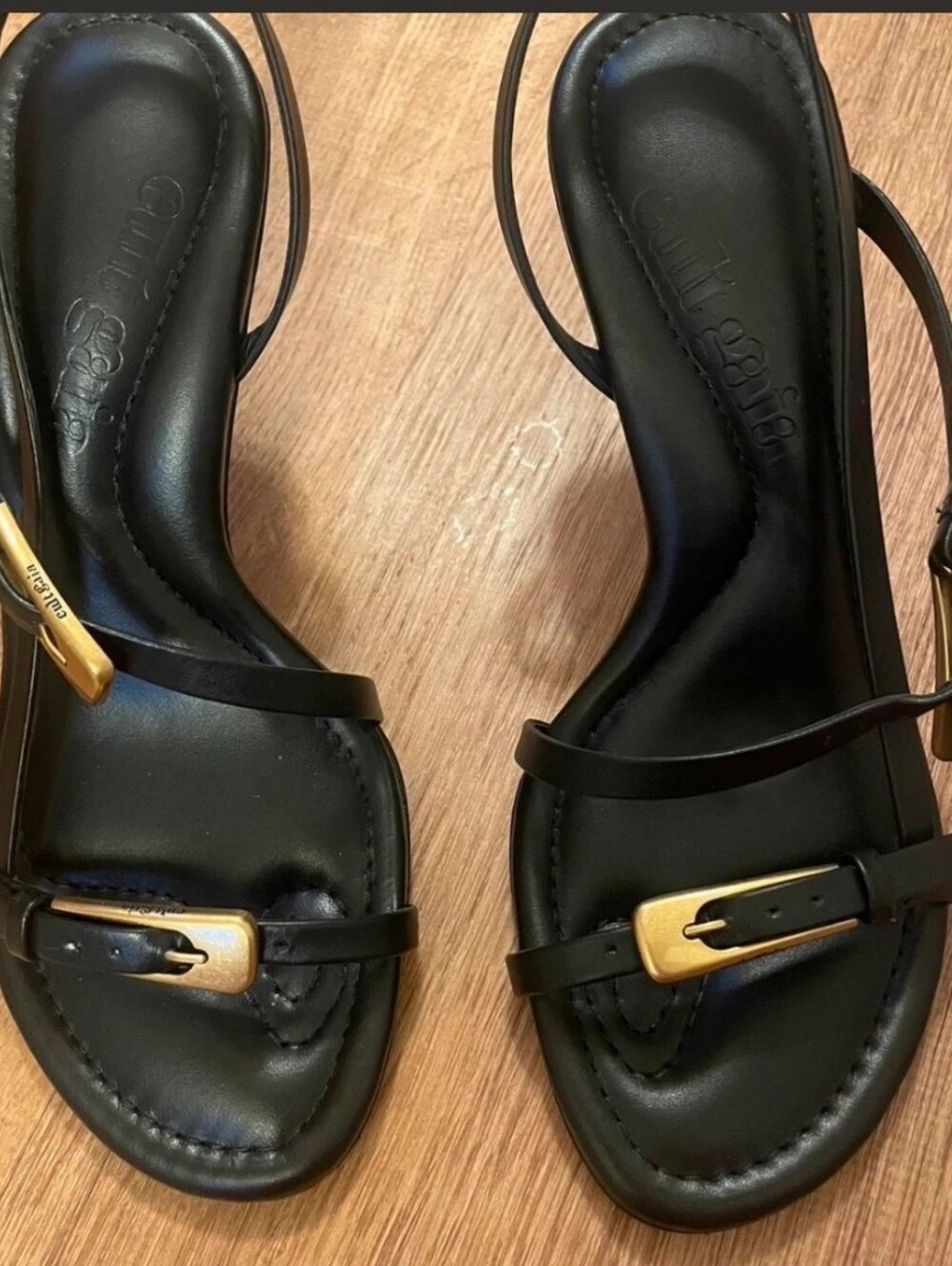 cult gaia Simona Black Leather Slingback Sandals with Gold Buckle US6 NWOT
